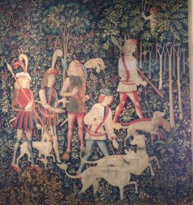 A section from the Unicorn Tapestry titled "The Hunters Enter the Woods."