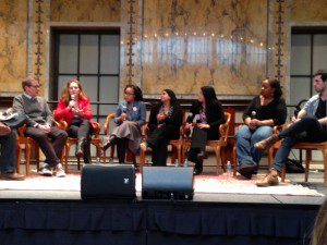 Diversity and representation panel at the Teen Author Festival, from left: Andrew Smith, Maria E. Andreu, Dhionelle Clayton, Sona Charaipotra, I.W. Gregorio, Coe Booth, Adam Silvera. Moderator David Levithan was cut off on the left.