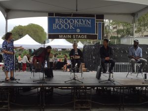 The "Won't Know Much About History" panel at the 2016 Brooklyn Book Festival. From left, Fatima Shaik, Sharon Dennis Wyeth, Jeannette Winter, Chris Soentpiet, Sean Qualls.