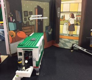 A 3-D illustration of a spread from The World in a Second using LEGO pieces, on display at New Jersey BrickFestLive.