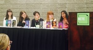 The Diversity in Historical Fiction panel at NCTE, from left, Tara Sim, me, Stacey Lee, Mackenzi Lee, and Padma Venkatraman. Photo by Katherine Perkins.